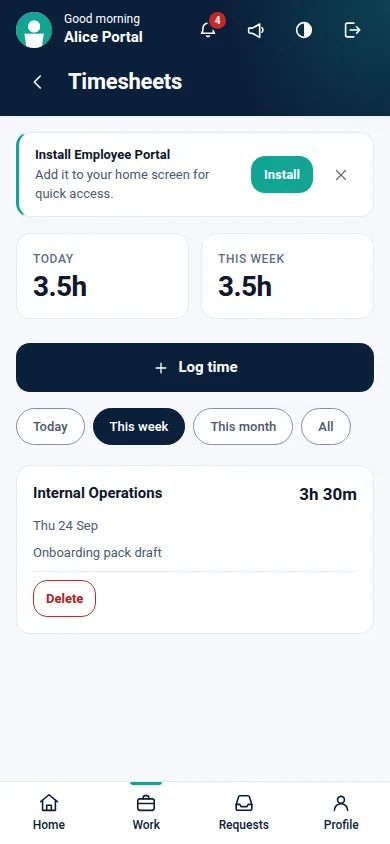 Employee Portal Pro for Odoo, timesheets