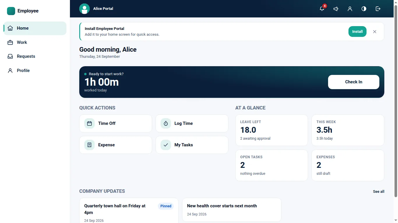 Employee Portal Pro for Odoo, desktop dashboard