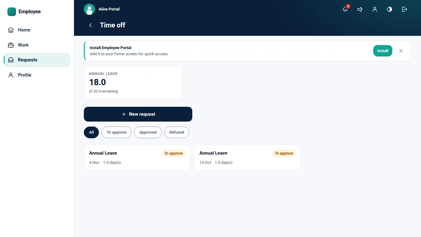Employee Portal Pro for Odoo, desktop time off