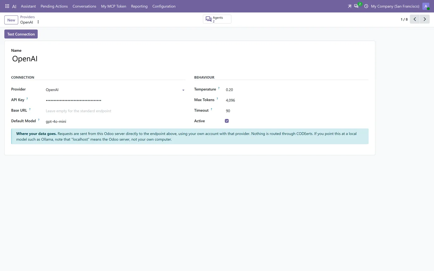 AI Agent & MCP for Odoo Community, provider configuration