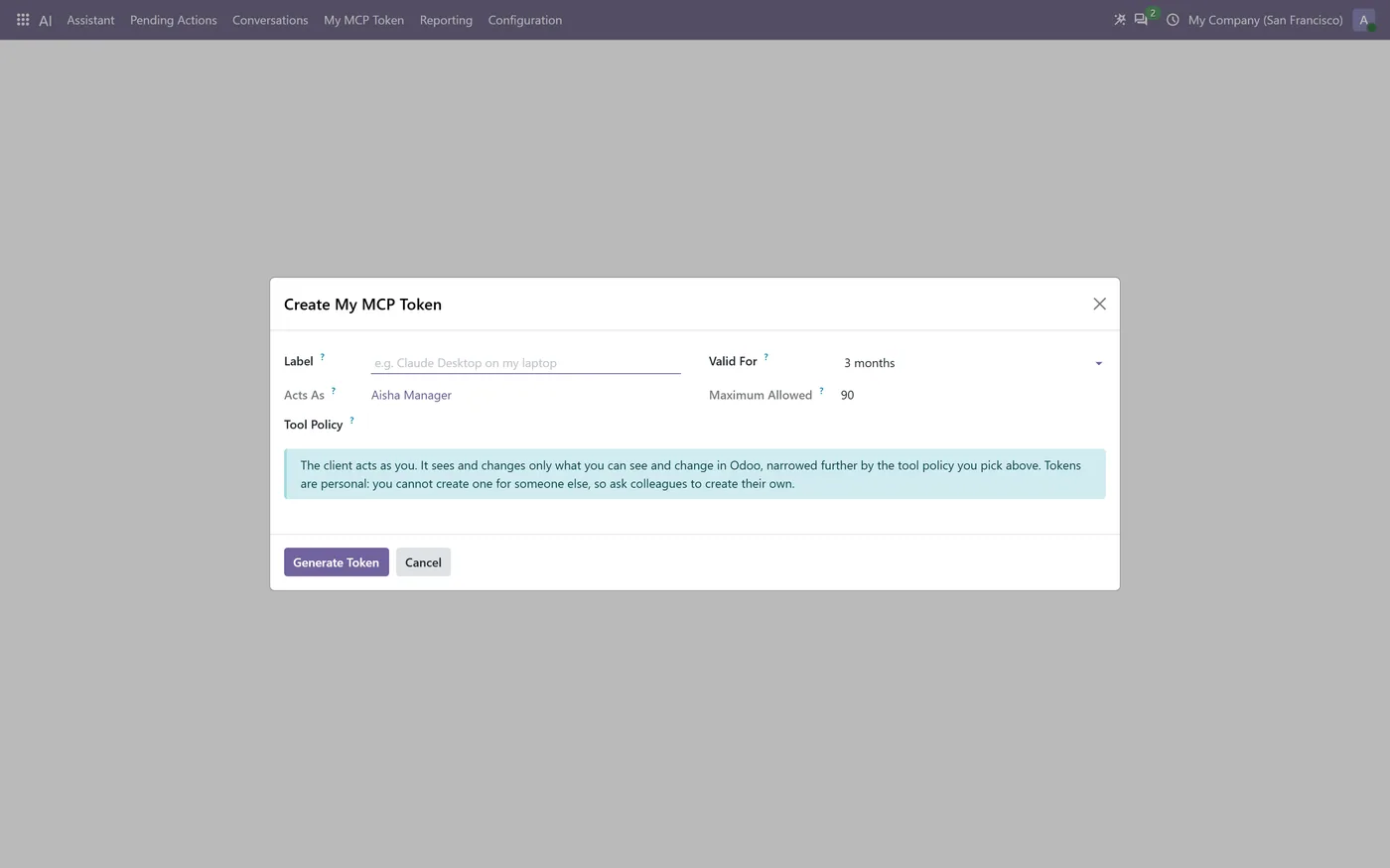 AI Agent & MCP for Odoo Community, mcp token