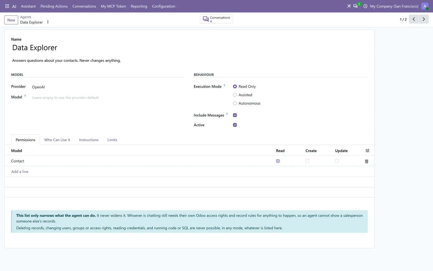 AI Agent & MCP for Odoo Community, model permissions