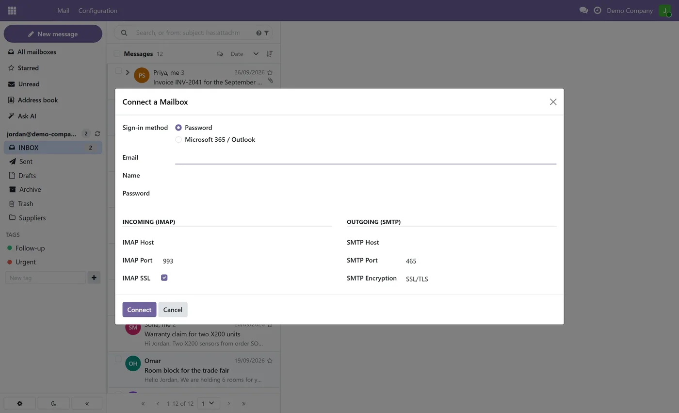 Ravenly Mail: Outlook and IMAP Mail Client with AI for Odoo, connect mailbox