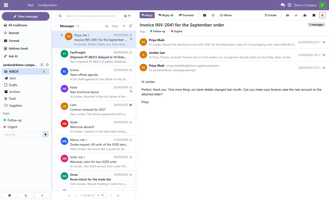 Ravenly Mail: Outlook and IMAP Mail Client with AI for Odoo, inbox conversation