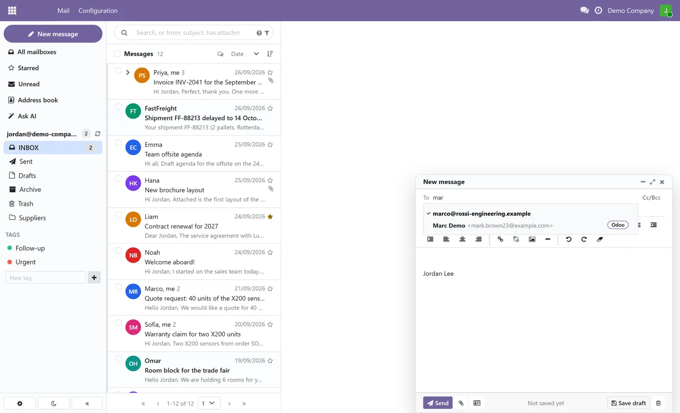Ravenly Mail: Outlook and IMAP Mail Client with AI for Odoo, compose