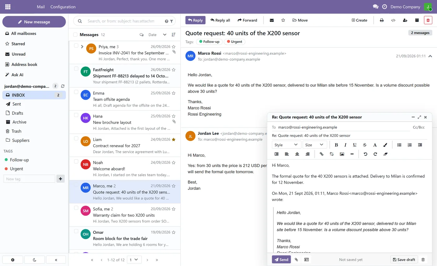 Ravenly Mail: Outlook and IMAP Mail Client with AI for Odoo, reply