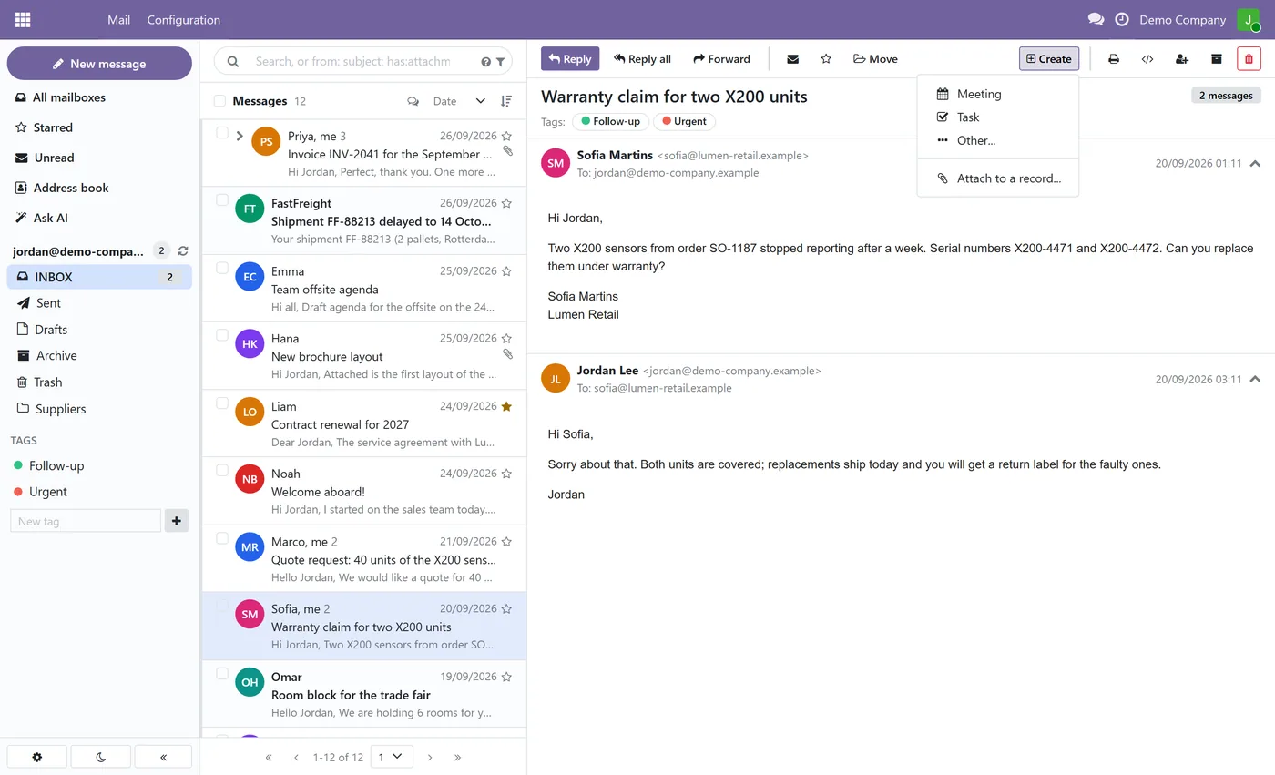 Ravenly Mail: Outlook and IMAP Mail Client with AI for Odoo, create record