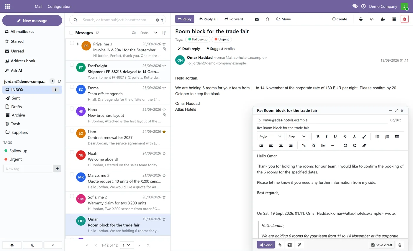 Ravenly Mail: Outlook and IMAP Mail Client with AI for Odoo, draft reply