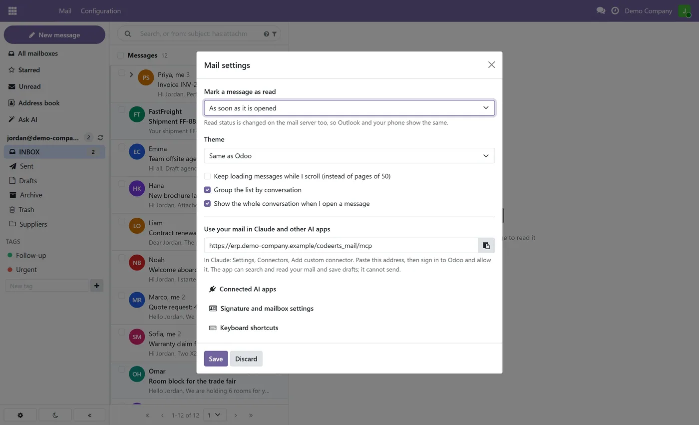 Ravenly Mail: Outlook and IMAP Mail Client with AI for Odoo, claude connector