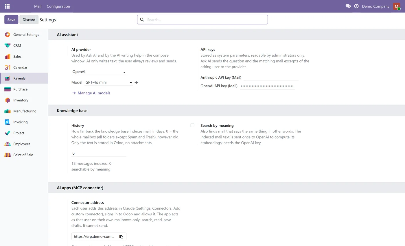Ravenly Mail: Outlook and IMAP Mail Client with AI for Odoo, ai settings
