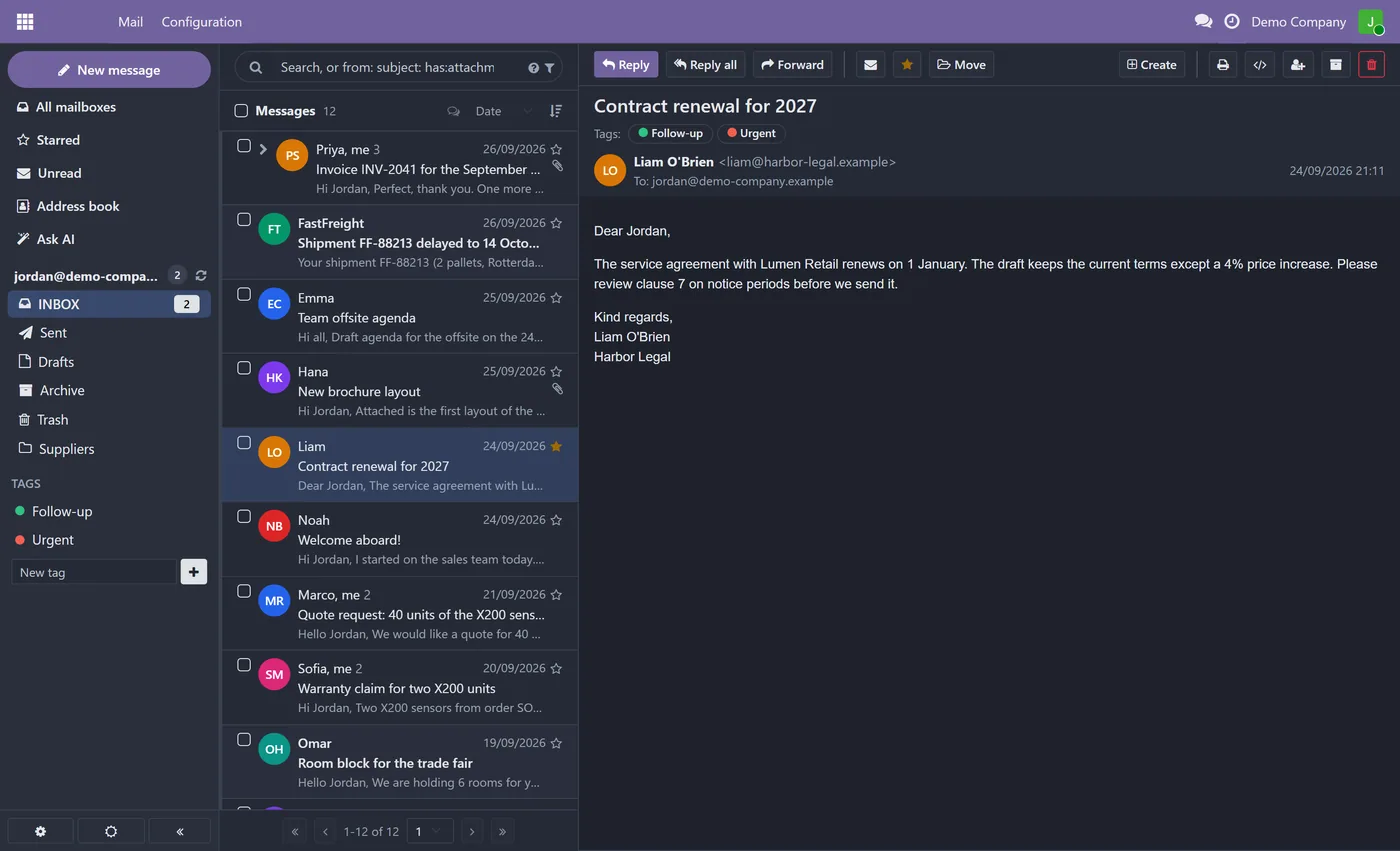 Ravenly Mail: Outlook and IMAP Mail Client with AI for Odoo, dark mode