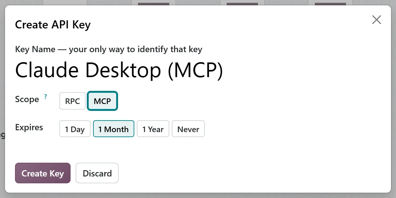 Odoo 20 Create API Key dialog with the scope set to MCP and a one-month expiry
