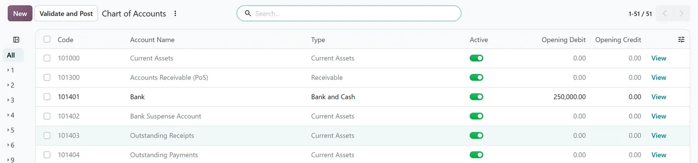 Odoo 20 chart of accounts during accounting setup with Opening Debit and Opening Credit columns