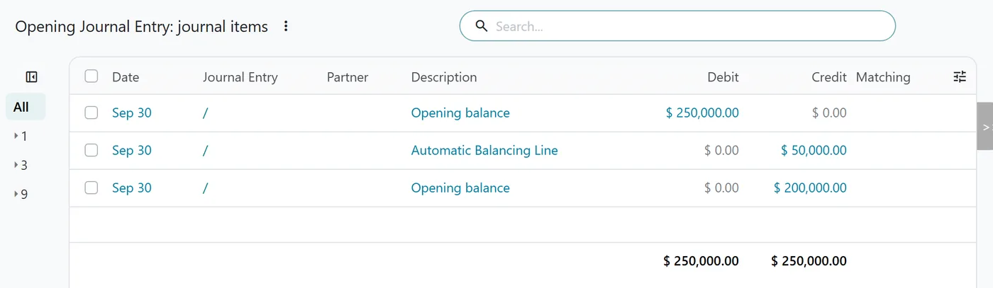 Odoo opening journal entry items showing a 50,000 Automatic Balancing Line next to the opening balances