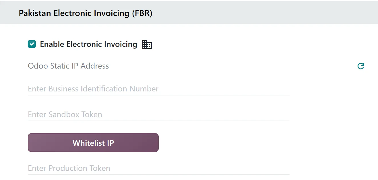 Odoo 20 Invoicing settings showing the Pakistan Electronic Invoicing FBR block with static IP, sandbox token and Whitelist IP button