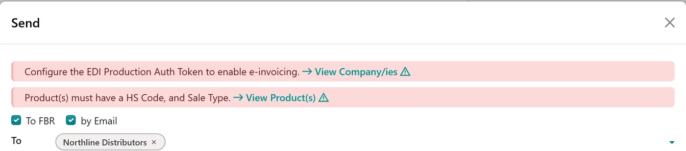 Odoo 20 Send dialog with To FBR option and red alerts for a missing production token and a product without HS code