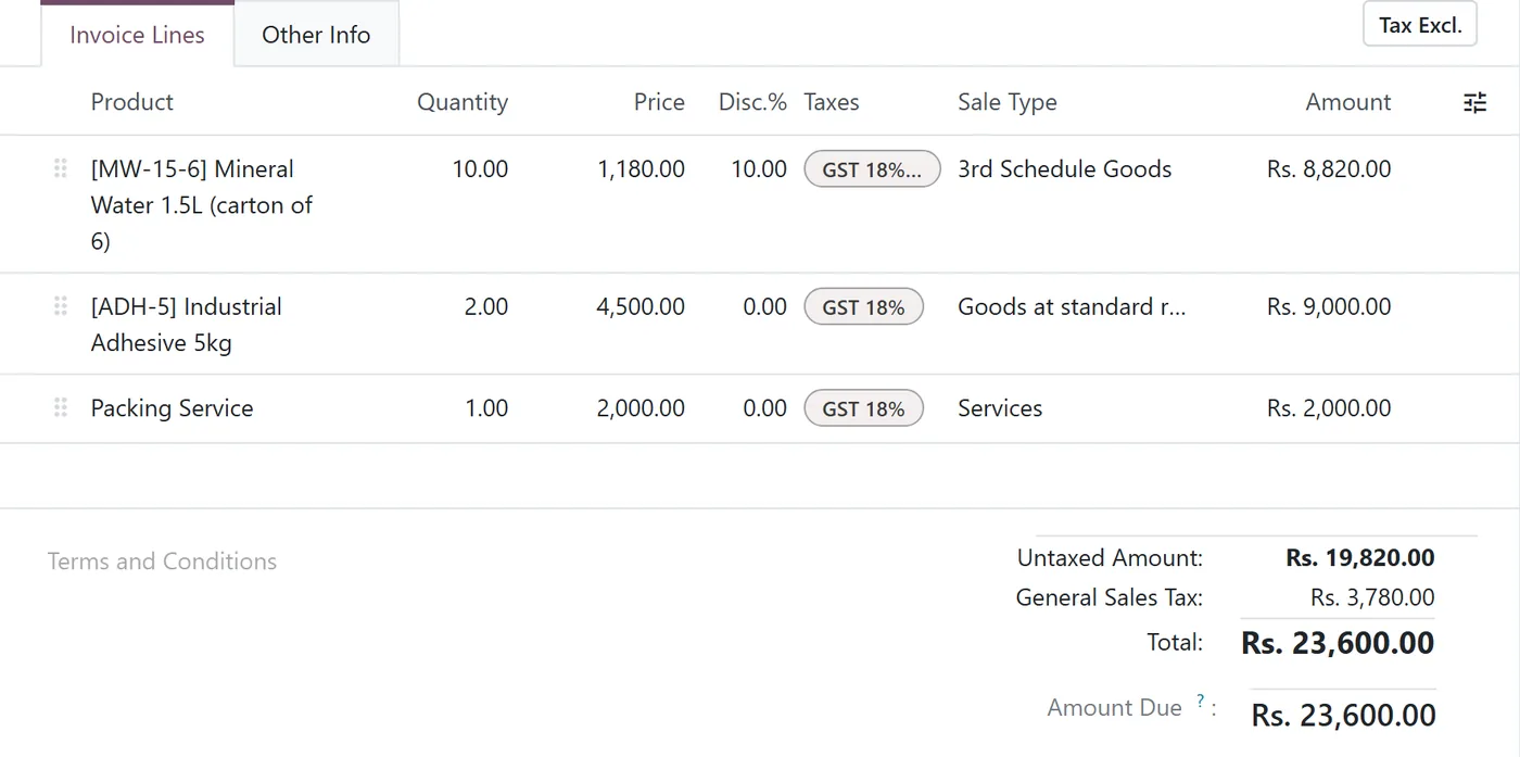 Odoo 20 invoice with a 3rd Schedule Goods line at 10 percent discount showing net amount 8,820 while tax stays on the retail price