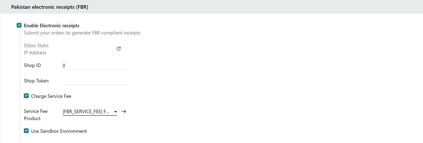 Odoo 20 Point of Sale settings showing Pakistan electronic receipts FBR block with Shop ID, Shop Token, service fee and sandbox options