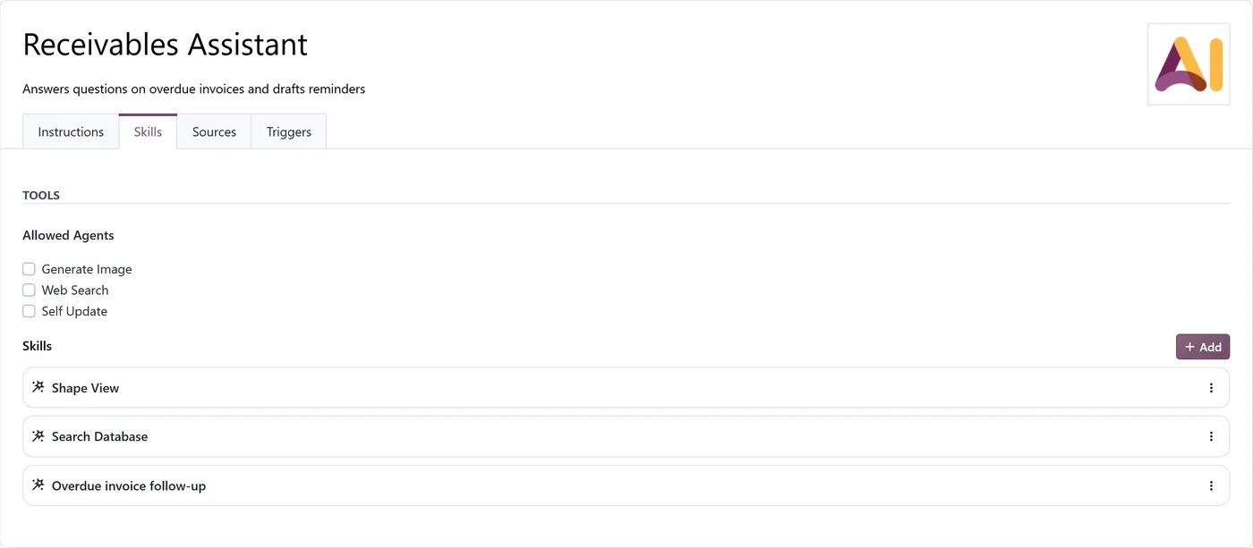 Odoo 20 AI agent Skills tab with the Generate Image, Web Search and Self Update switches and the list of attached skills