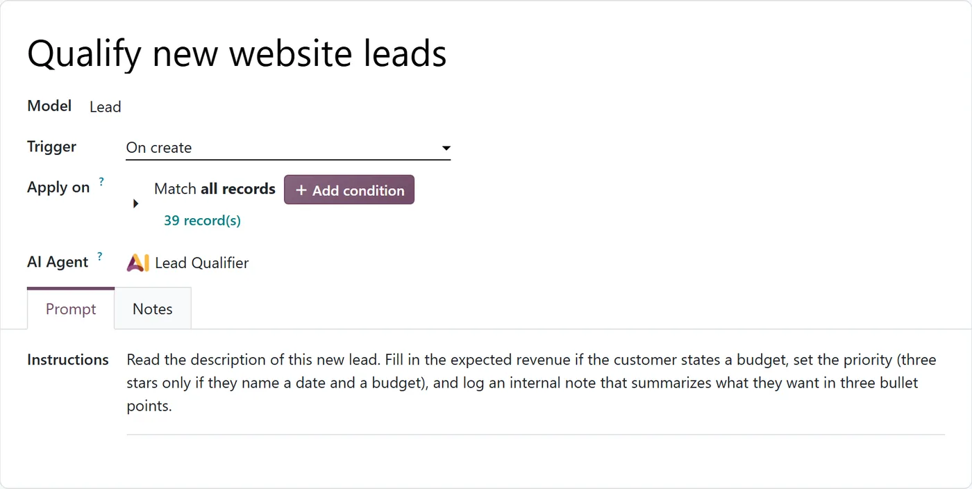 Odoo 20 automation rule on the Lead model, triggered on create, with the AI Agent field set to Lead Qualifier and written instructions