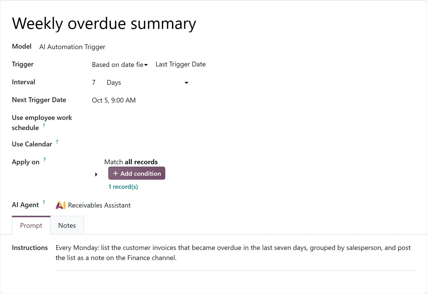 Odoo 20 scheduled AI automation with a 7-day interval, next trigger date and instructions for a weekly overdue invoice summary