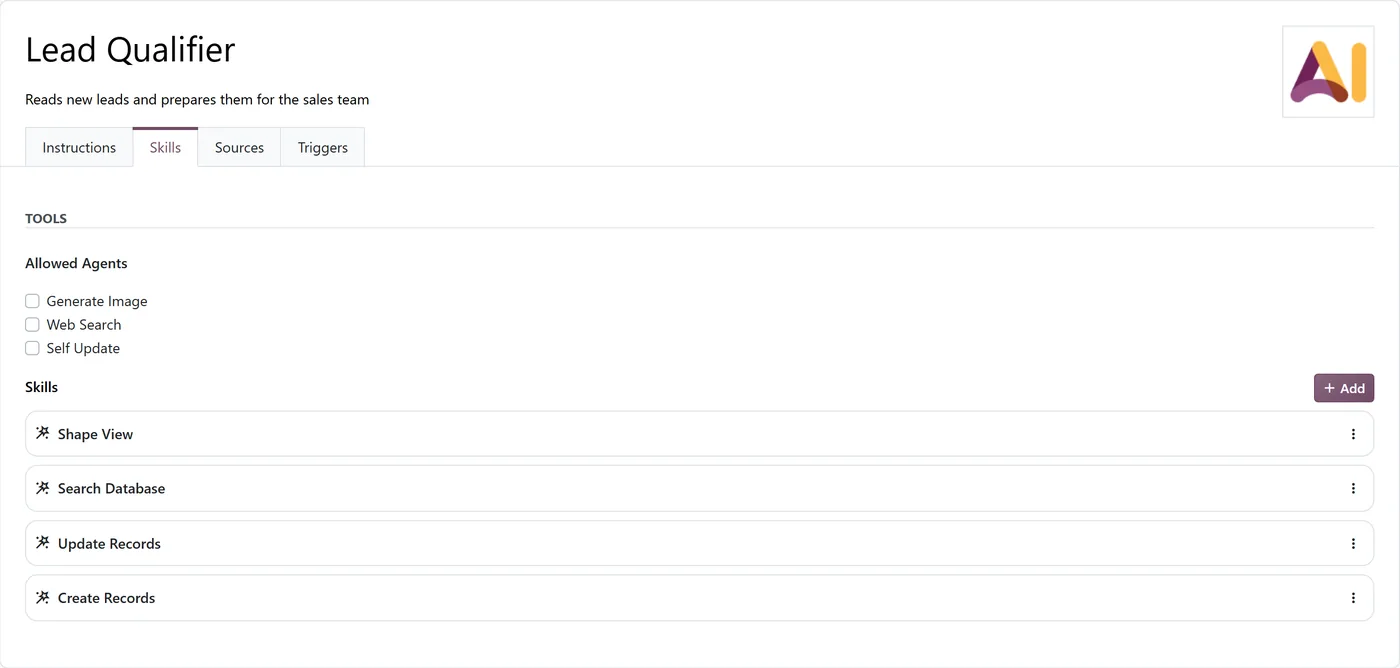 Odoo 20 AI agent Skills tab with Shape View, Search Database, Update Records and Create Records attached