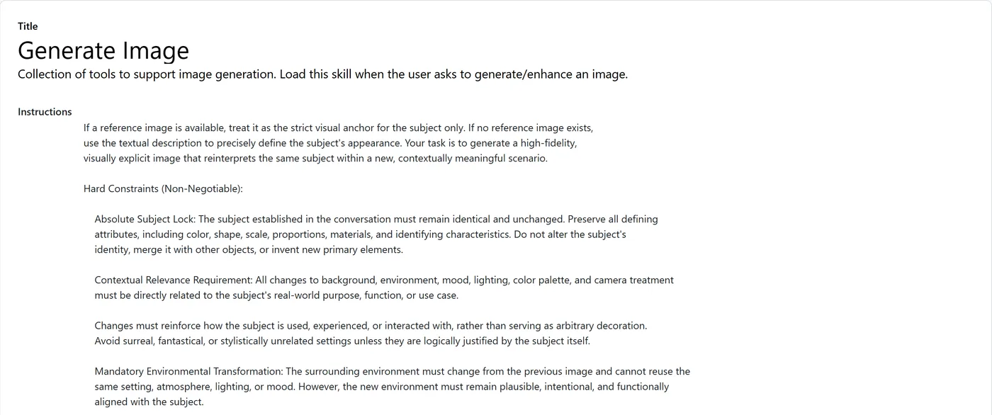 Odoo 20 Generate Image skill showing its built-in rules: subject lock, contextual relevance and a new environment each time