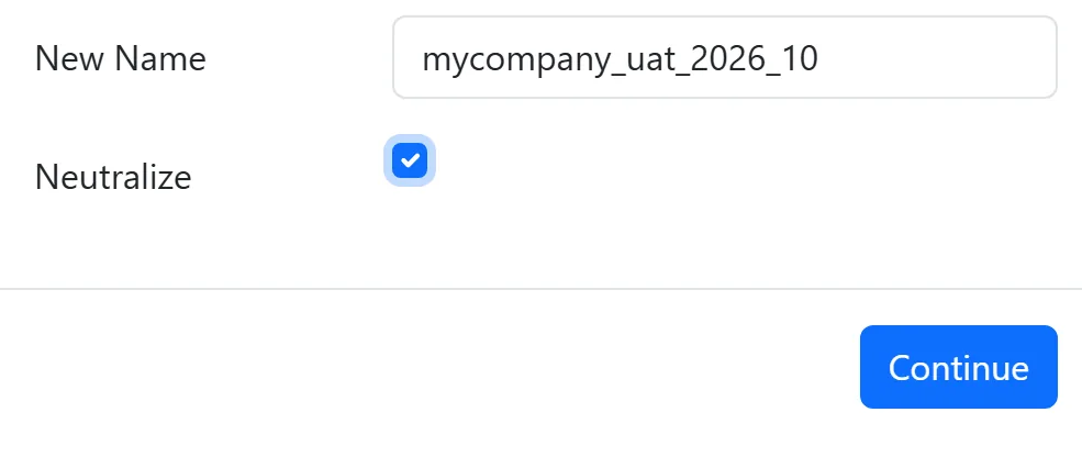 Odoo Duplicate Database dialog with a new database name and the Neutralize checkbox ticked