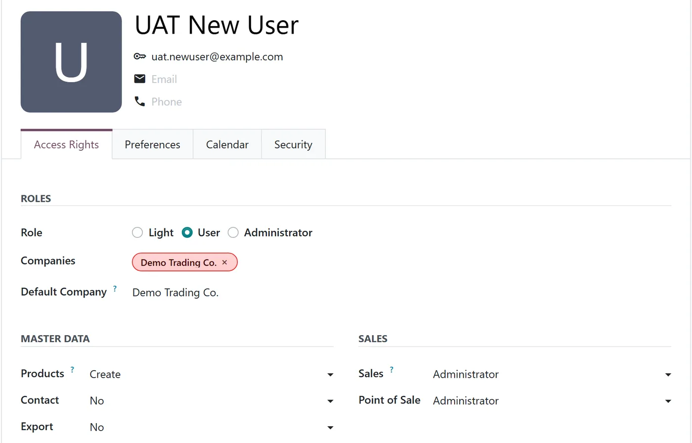 Odoo 20 user form, Access Rights tab, with the Master Data section showing Products, Contact and Export settings