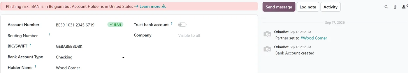 Odoo 20 bank account form with a phishing risk warning and the Trust bank account toggle switched off