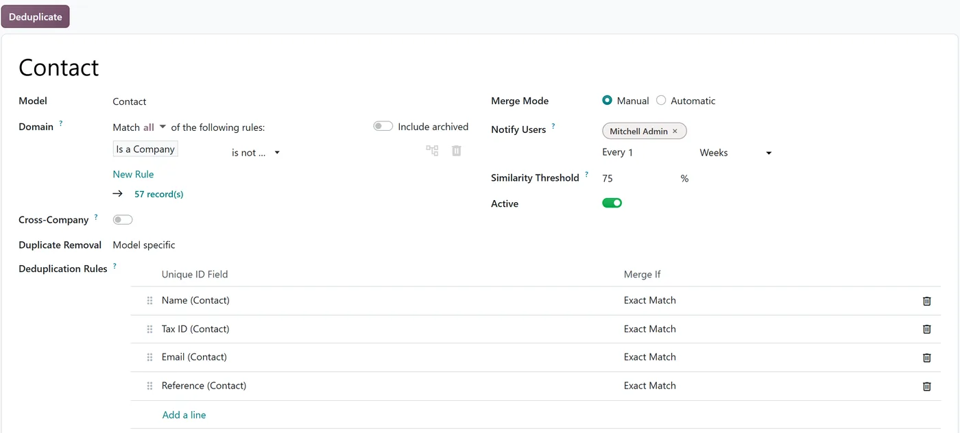 Odoo 20 Data Cleaning deduplication rule for contacts with exact match fields, manual merge mode, weekly frequency and a 75 percent similarity threshold