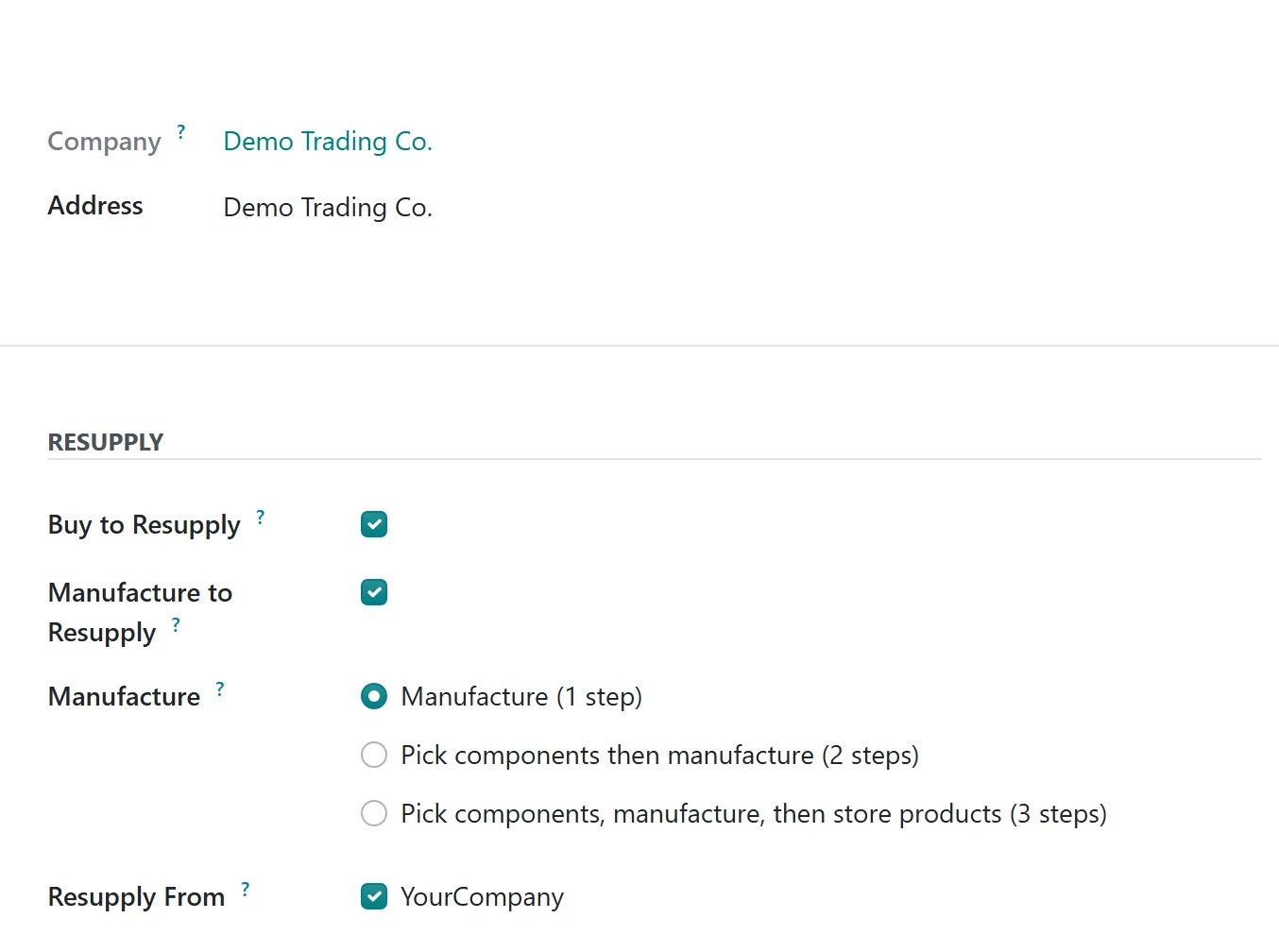 Odoo warehouse form with Resupply From set to the central warehouse