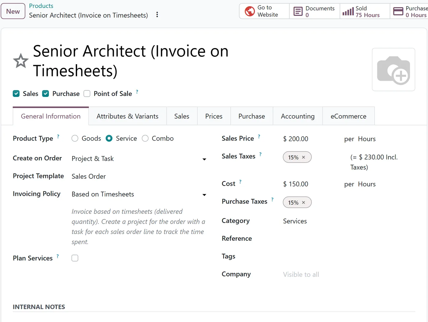 Odoo service product invoiced based on timesheets