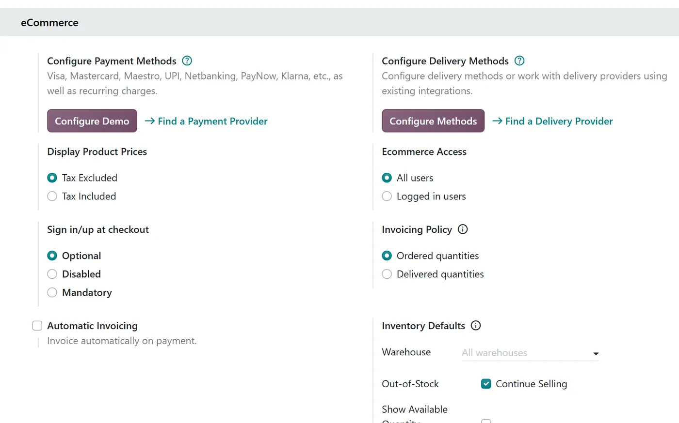 Odoo eCommerce settings with Ecommerce Access and price display options