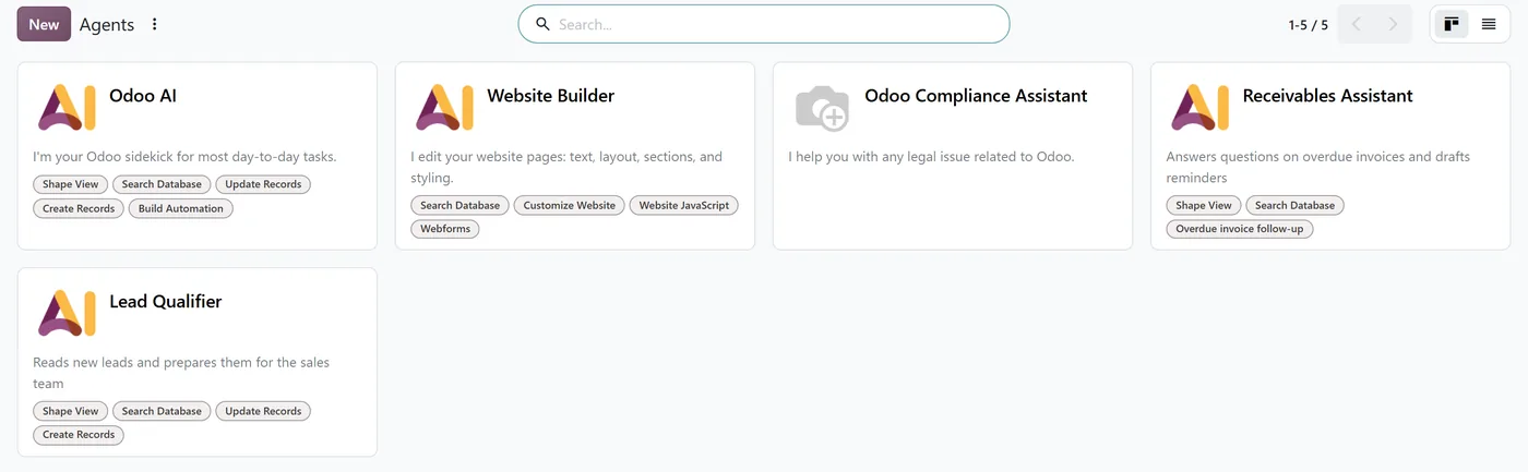 The AI agents list in Odoo 20 showing Odoo AI, Website Builder, Receivables Assistant and Lead Qualifier
