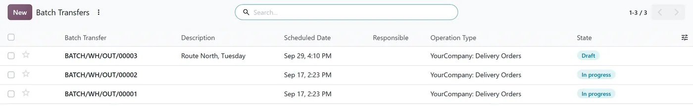Batch transfers in the Odoo 20 Inventory app