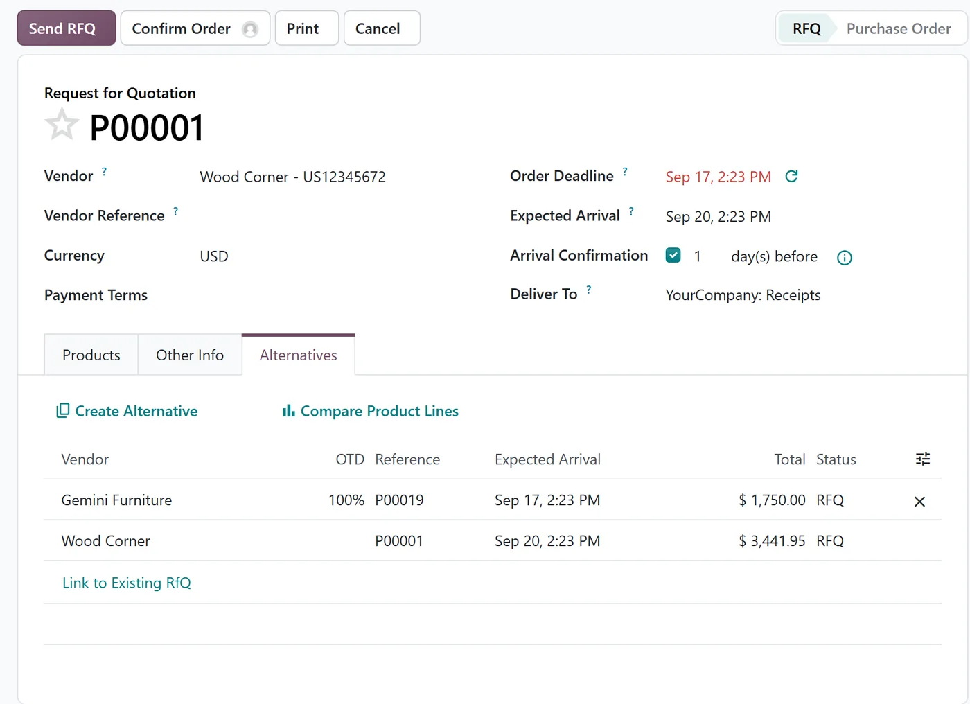 The Alternatives tab on an Odoo 20 request for quotation, comparing two vendors