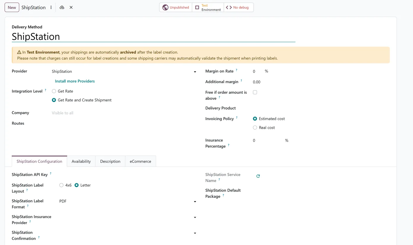 The ShipStation delivery method form in Odoo 20