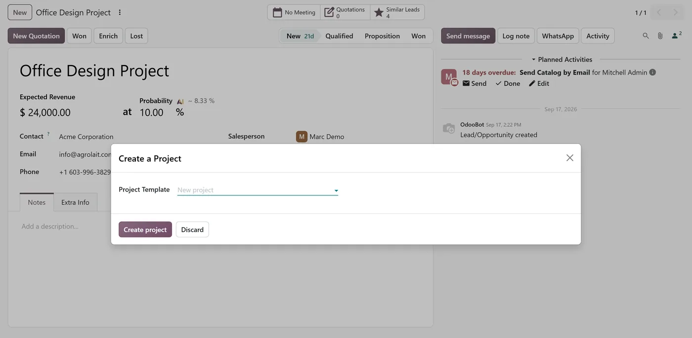 The Create a Project dialog opened from an Odoo 20 CRM opportunity
