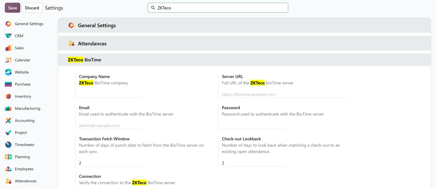 The ZKTeco BioTime settings in Odoo 20 Attendances