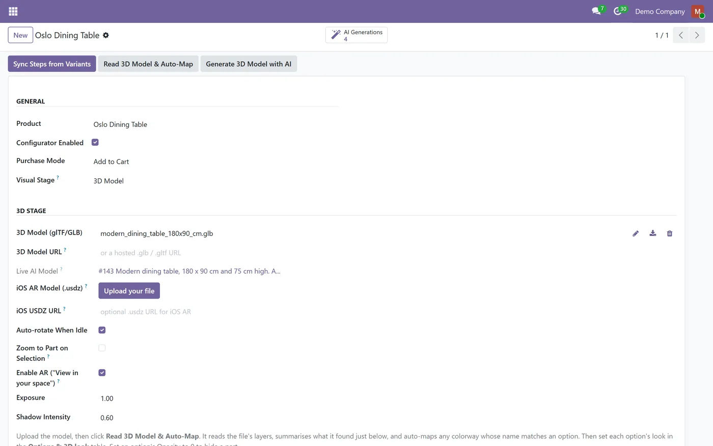 AI 3D Model Generator for Odoo, settings
