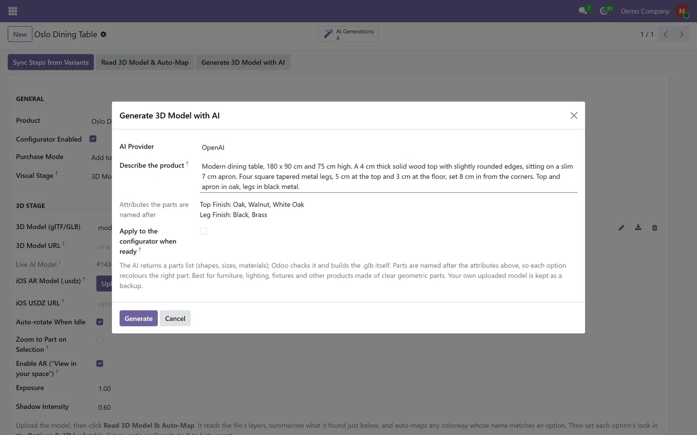 AI 3D Model Generator for Odoo, generate