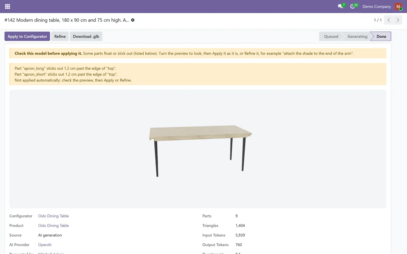 AI 3D Model Generator for Odoo, result