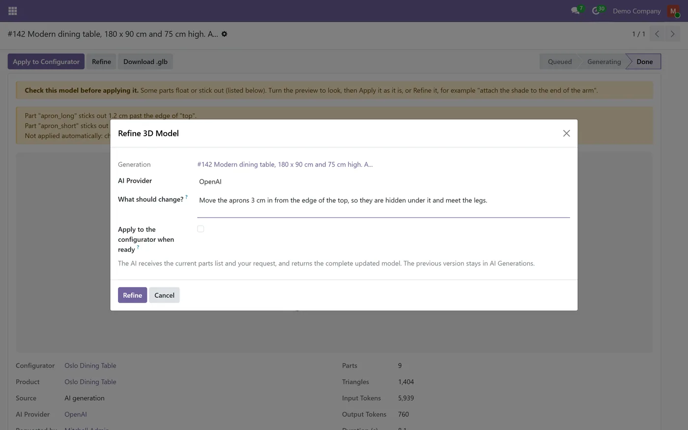 AI 3D Model Generator for Odoo, refine
