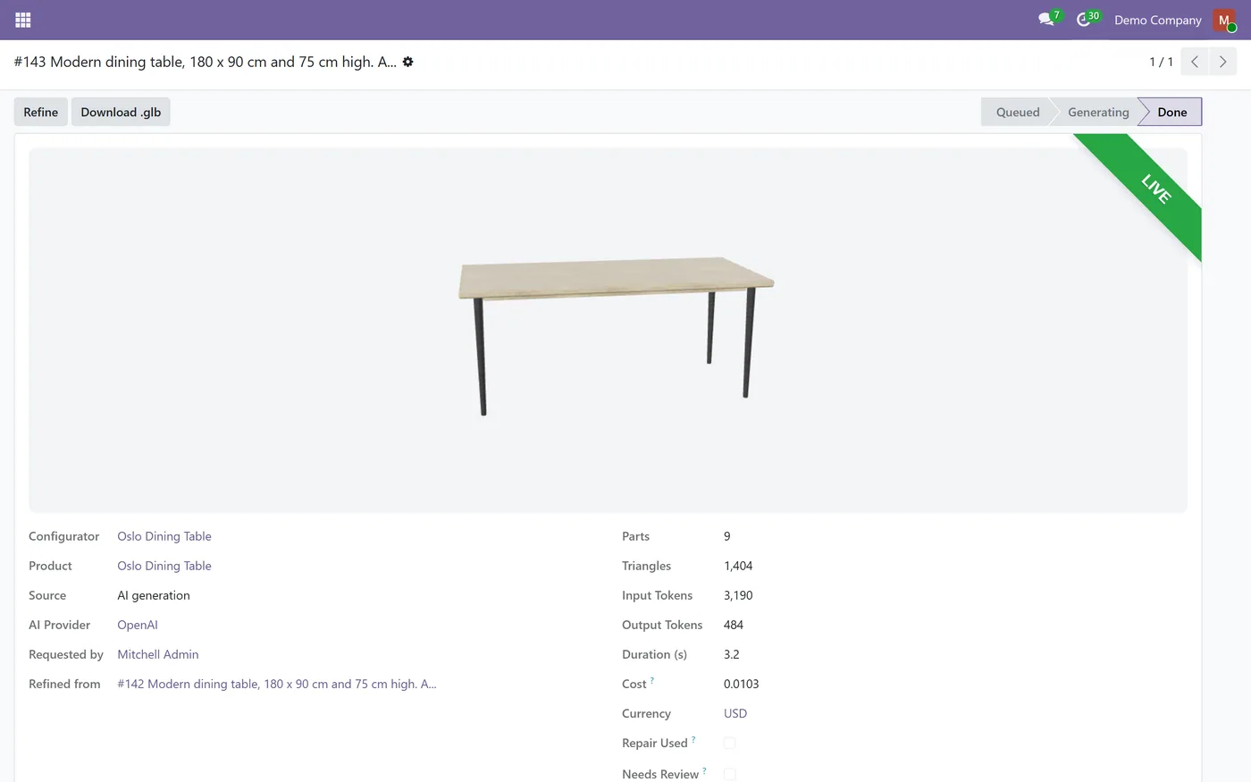 AI 3D Model Generator for Odoo, refined