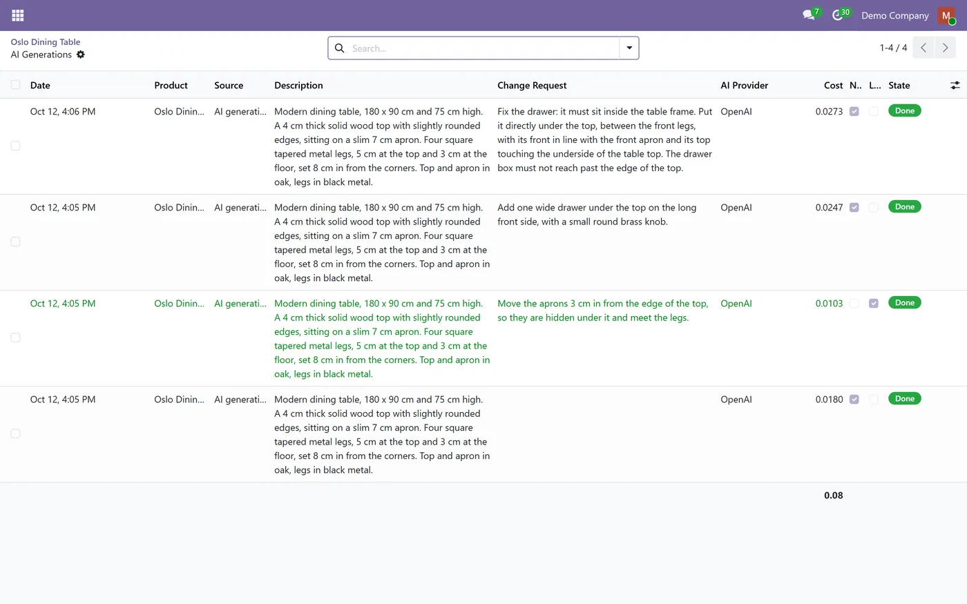 AI 3D Model Generator for Odoo, generations