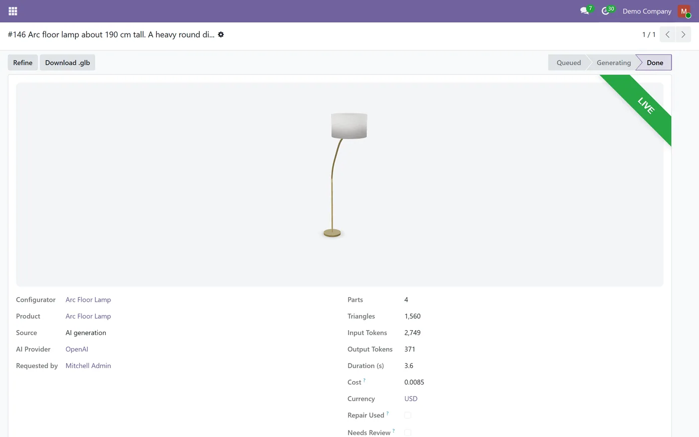 AI 3D Model Generator for Odoo, lamp
