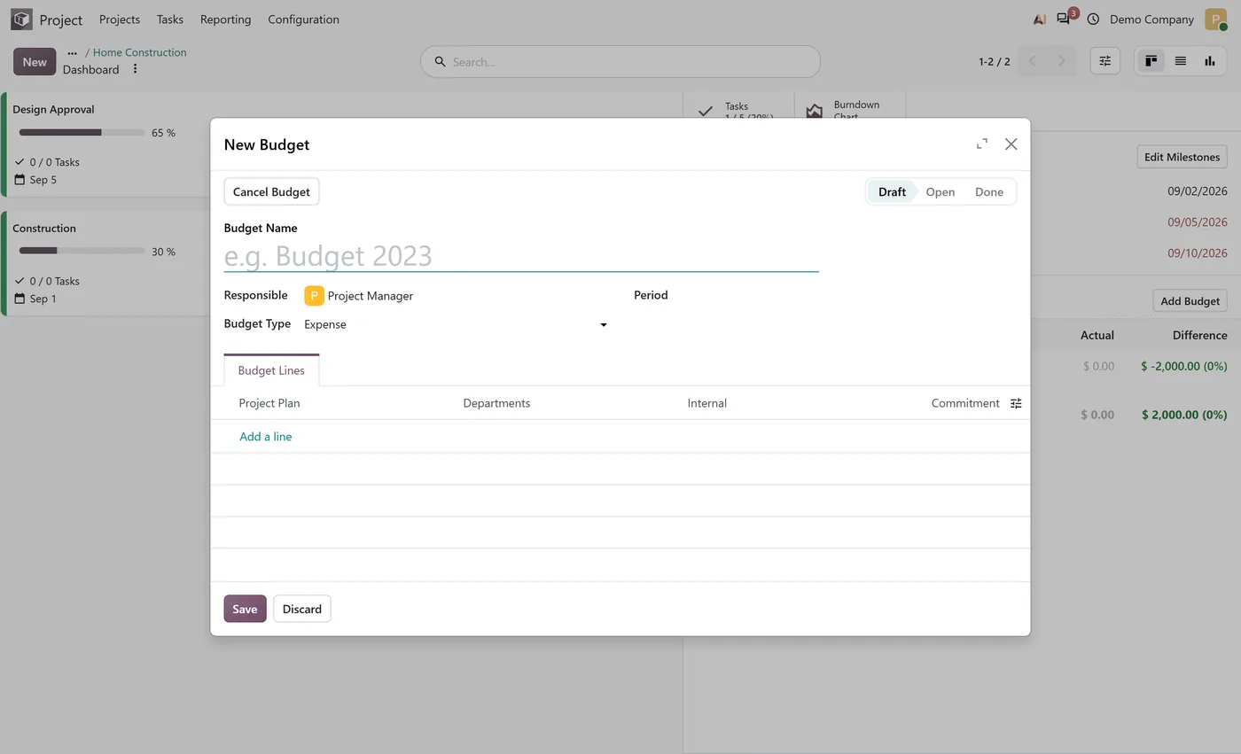 Project Dashboard Panel for Odoo, add budget