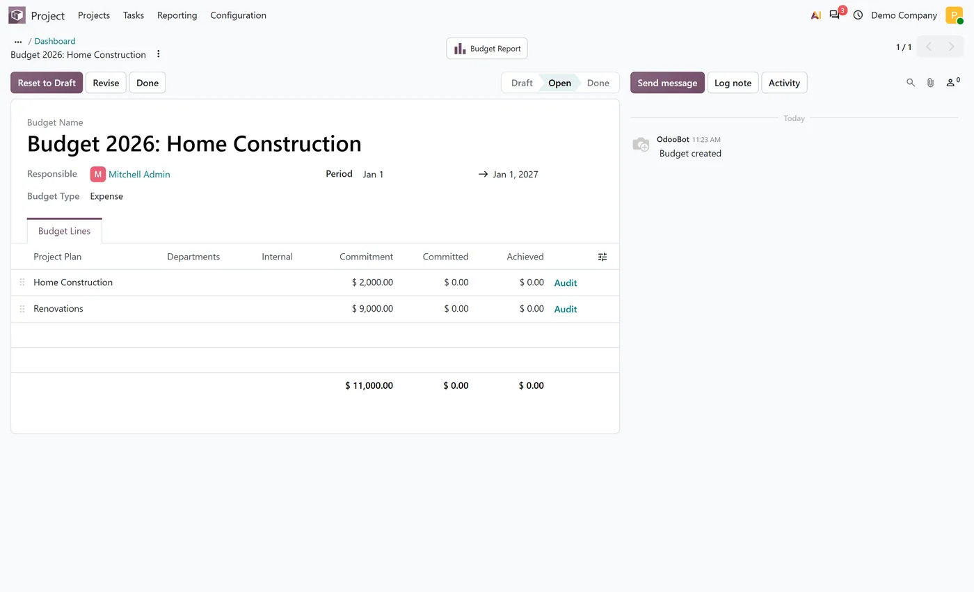 Project Dashboard Panel for Odoo, budget detail