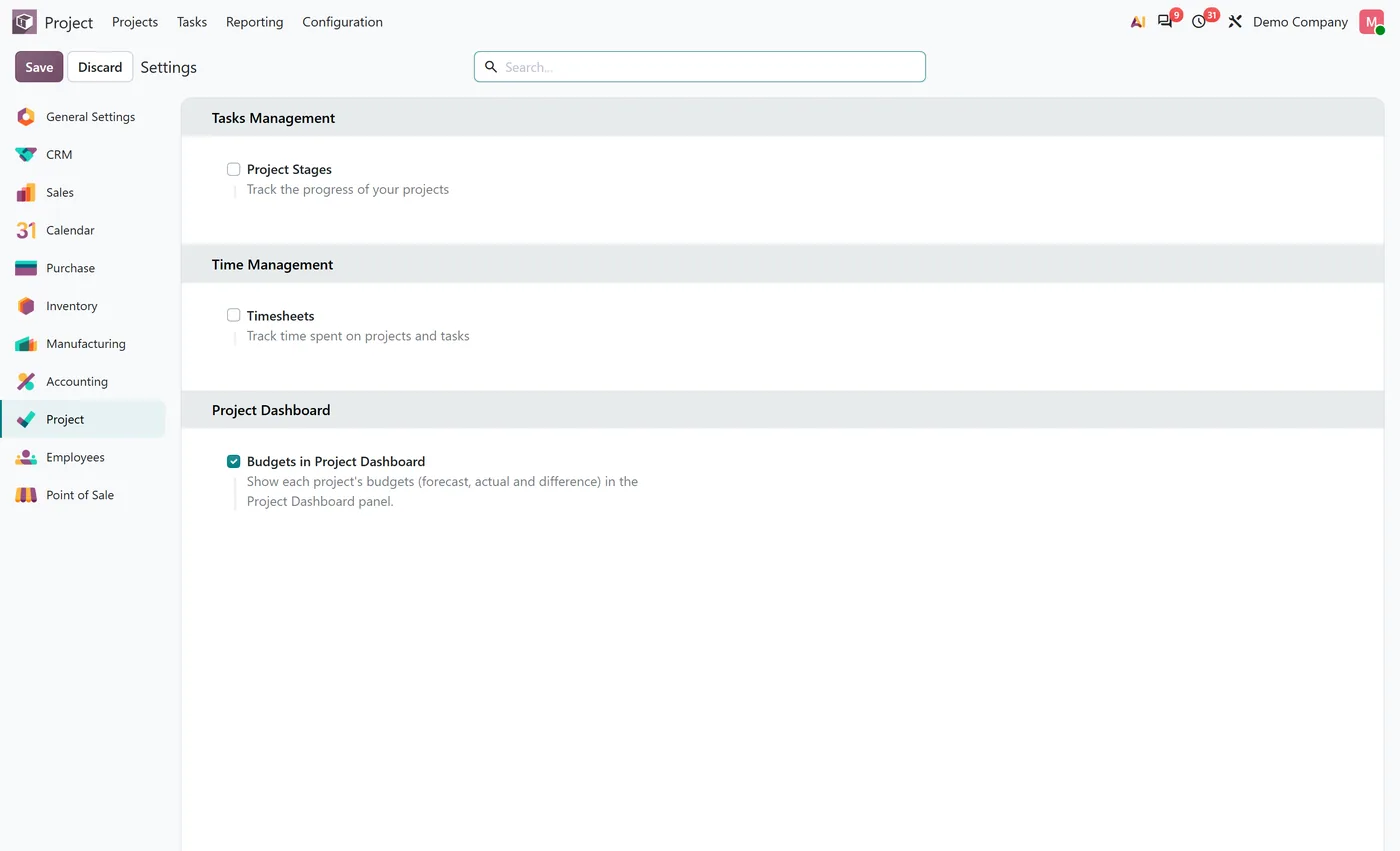 Project Dashboard Panel for Odoo, settings